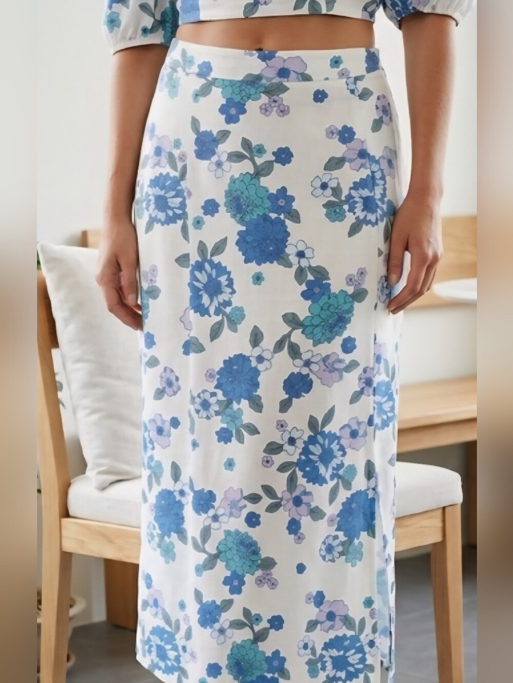 Candace Cameron Bure Floral A-Line Midi Skirt Blue & White Sz 1X Lightweight